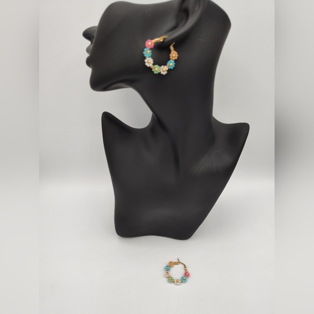NWOT Handmade Floral Hoop Earrings with Multicolor Accents